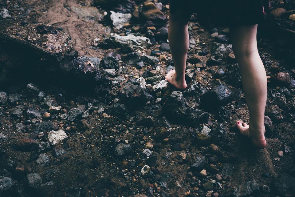 Barefoot, Rocks, Careful, Feet, Legs, Young, Female